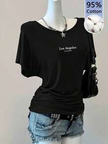 Camiseta casual de color marrón sólido para mujer, adecuada para primavera/verano - Negro 5 - Ver 8