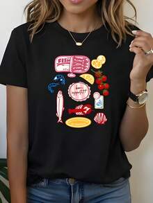 Camiseta de mujer de puro algodón con estampado adhesivo de mariscos: Atún, Camarones, Pescado, Langosta, Tomates, Limón, Mariscos y Etiquetas.Camisetas para Salir para Mujer. - Negro - Ver 8