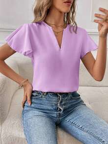 Camisa de mujer de unicolor con escote en V entallado y manga corta, informal y adecuada para el trabajo, blusas de manga corta - Púrpura malva - Ver 1