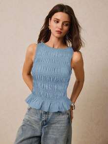 Camiseta de tirantes casual a cuadros para mujer en verano - Niebla azul - Ver 8