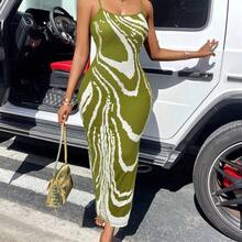 BamGlam Graphic Print Striped Brush Print Bodycon Dress Split Hem Cami Dress Maxi Women Outfit - Morado - Ver 6