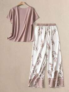 Set de 2 piezas de top de cuello redondo holgado y pantalones de pierna ancha para mujer, conjunto versátil casual para primavera/otoño, conjunto de pantalones y top casual para vacaciones - Multicolor 8 - Ver 2