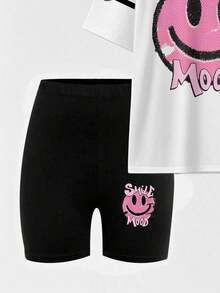 Conjunto de camiseta y pantalones cortos de ciclista con estampado gráfico de número 13 y eslogan, de moda casual para mujer - Multicolor 7 - Ver 5