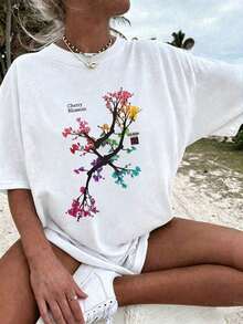 Camiseta de manga corta ligera, cómoda y suave, ajustada para uso diario, con estampado floral de sakura colorido en estilo callejero estético, blusa de verano casualSuitable for spring, summer and autumn - Blanco - Ver 4