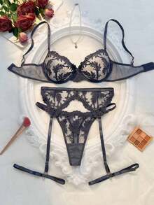 5pcs Women's Sheer Embroidered Mesh Underwire Lingerie Set - Grey - View 3