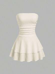 Vestido mini de punto sin tirantes de unicolor minimalista para mujer, vestido de pastel de múltiples capas - Beis - Ver 3