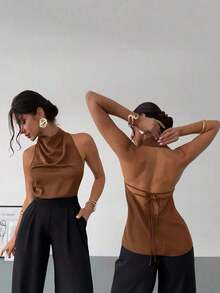 negra ajustada de estilo casual y elegante para la temporada de primavera/verano, con cuello asimétrico, sin mangas, escote halter, espalda descubierta y decoración de lazo - Café integral - Ver 9