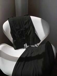 Conjunto de 2 piezas casual para mujer con top de cuello en V y pantalones en punto liso negro - Negro - Ver 5