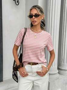Camiseta casual de mujer de cuello redondo de manga corta a rayas, camiseta a rayas de estilo retro francés de color café, top de manga corta de cuello redondo estilizador y versátil, camiseta básica casual suave y pegajosa, top a rayas, pri - Rosa - Ver 4