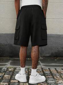HOMIIE Men's Black Cargo Shorts, Street Style Casual Multi-Pocket Elastic Waist Drawstring Bermuda Shorts, Suitable For Vacation, Daily Wear, Holiday Outfit - Black - View 3