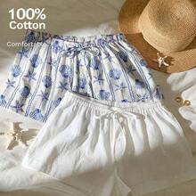 2-Piece Set, Versatile And Casual, One With Shell Print And One With Cotton And Linen, Suitable For Seaside Vacation,Comfy Shorts,Linen Pants Beach Summer Shorts - Blanco y Negro - Ver 9