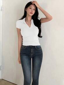 Camiseta polo de manga corta de ajuste ceñido de unicolor para mujer, casual de verano, casual de negocios, tops estilo universitario para mujer - Blanco - Ver 2