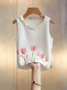 Blusa de tirantes elegante con estampado floral y cuello de perlas brillantes para mujer, adecuada para citas, salidas casuales, ir al trabajo, tomar el té por la tarde, Día de la Madre, Día del Maestro - Blanco - Ver 3