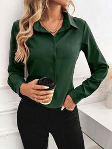 Blusa de unicolor informal para mujer para usar en el trabajo/diario, primavera-verano, con mangas largas - Verde - Ver 4
