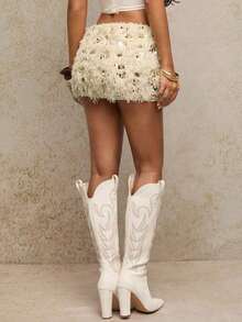 Falda corta de fiesta para mujer, color albaricoque, con lentejuelas, borlas y borde de pelo, falda de lentejuelas a la moda, para el festival de música de Chicago, salidas nocturnas, falda de Halloween, festival de música country, falda para citas, fiesta rave, concierto, Día de San Valentín, atuendos de San Valentín para mujer. - Burdeos - Ver 11