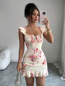 Vestido con estampado floral, volantes y bajo sexy para mujer - Amarillo - Ver 6