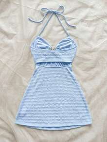 Vestido mini con textura, escote en V, decoración de estrella de mar metálica, cuello con lazo, espalda descubierta, ideal para vacaciones, citas, té de la tarde, días festivos, festivales de música, estilo bohemio - Celeste - Ver 2
