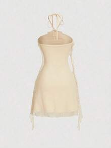 Vestido de malla elástica de punto para mujeres con decoración floral, volantes sin mangas en color lila - Albaricoque - Ver 2