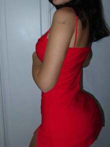 Vestido de mujer de unicolor, sexy, con tirantes de espagueti, parche de encaje, nudo delantero, ajustado con abertura lateral, vestido de verano, versátil, para verano y primavera, vestido casual elegante blanco - Rojo - Ver 2