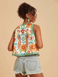 Chaleco ligero de mujer con bordado floral y de loro, chaleco bohemio, chaleco floral, estilo casual de mujer, atuendo para salir, atuendos elegantes, estilo campestre para mujer, atuendos casuales, chaleco elegante - Verde - Ver 2