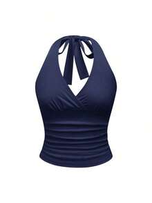 Punk Parte superior con estampado de leopardo y cuello de halter para mujer, escuela - Azul marino - Ver 1