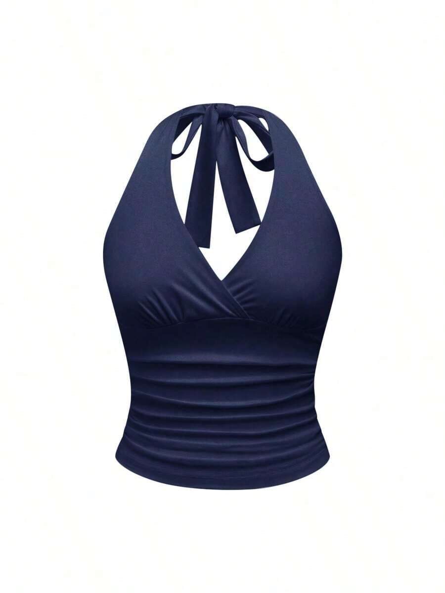Punk Parte superior con estampado de leopardo y cuello de halter para mujer, escuela - Azul marino - Ver 1