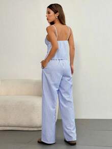 Conjunto informal de 2 piezas con top de tirantes con nudo delantero y rayas y pantalones para mujer - Azul marino - Ver 2