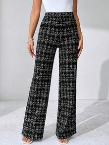 Pantalones elásticos de punto con estampado de cuadros elegantes para mujer, adecuados para varias ocasiones, como vacaciones de verano, viajes elegantes y uso diario - Blanco y Negro - Ver 4