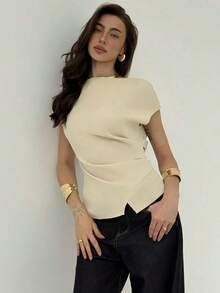Blusa de oficina para mujer con cuello de barco, mangas cortas y corte cropped en color beige - Albaricoque - Ver 6