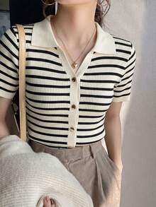 女款時尚 Polo 領插肩袖短袖針織 T 恤，春夏新款輕便休閒開襟上衣，適合秋季 - 黑杏條 - 查看 5