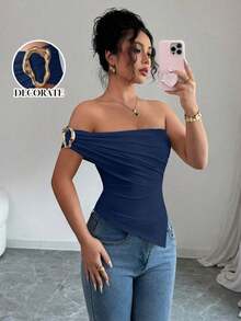 Blusa de verano para mujer con hombros decorados con botones y bajo asimétrico elegante - Azul marino - Ver 1
