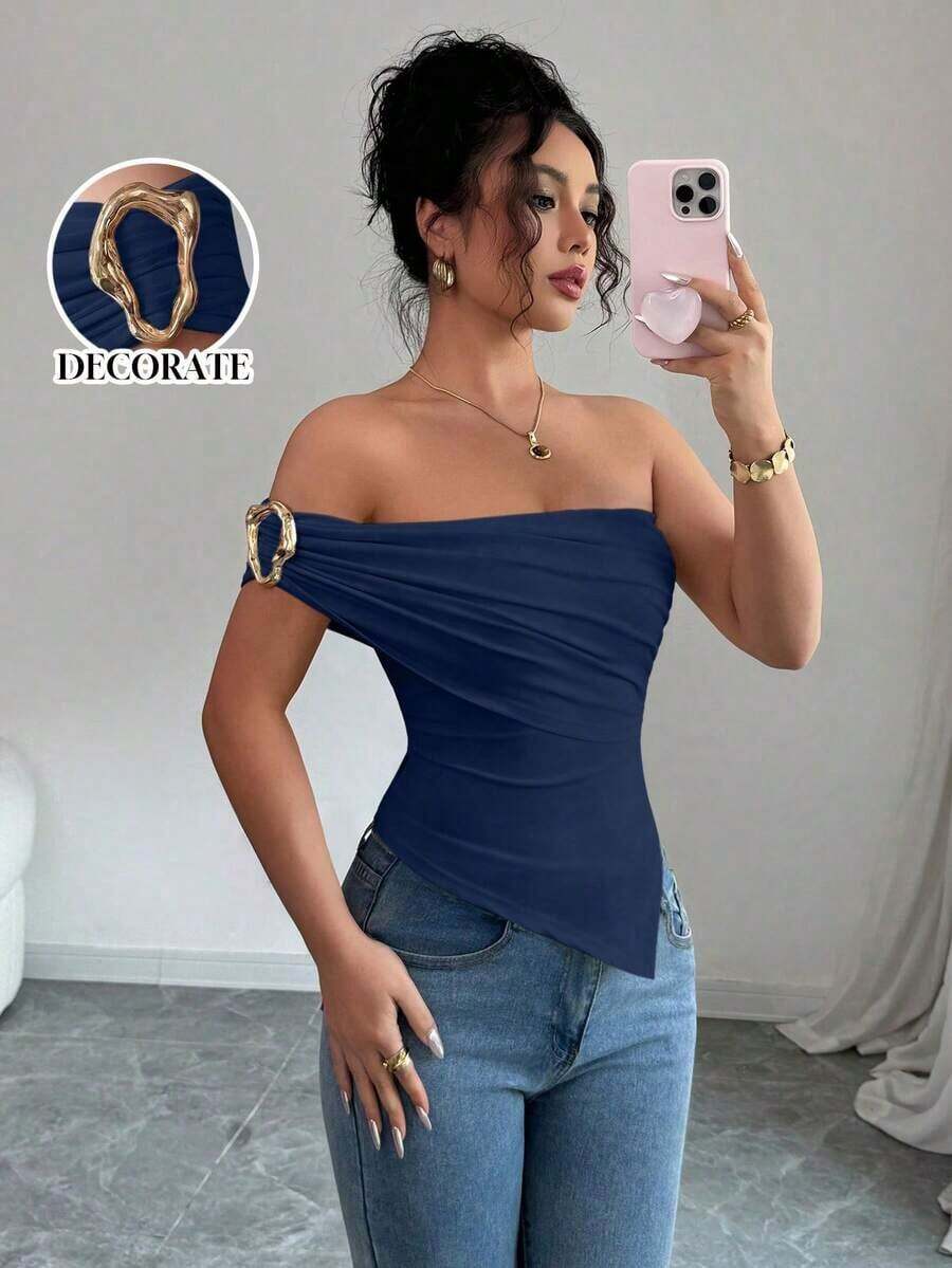 Blusa de verano para mujer con hombros decorados con botones y bajo asimétrico elegante - Azul marino - Ver 1