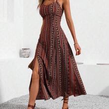 Vintage Style Women's Printed Spaghetti Strap Dress With High Side Slit Maxi Vacation Beach Outfit - Morado - Ver 2