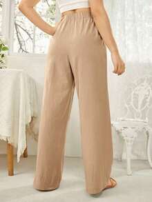 Pantalones largos minimalistas de unicolor con cordones y bolsillos para mujer, casuales para uso diario - Camel - Ver 2