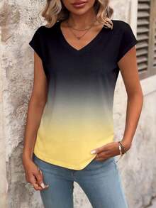 Blusa de rayas de verano casual para vacaciones, de manga corta y cuello en V, minimalista y versátil para uso diario y viajes, estilo coreano suave y apropiada para la oficina - Amarillo - Ver 5