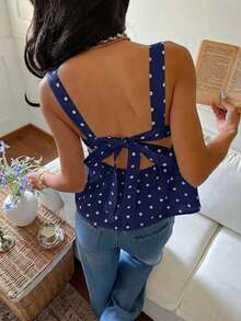 Camiseta sin mangas con volantes y estampado de lunares para vacaciones - Azul - Ver 1