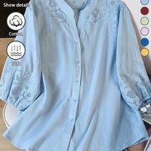 Blusa ligera y semitransparente con cuello en V y bordado sin estructura, para primavera/verano y vacaciones - Caqui - Ver 5