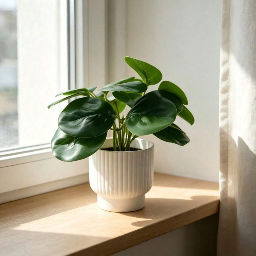 Artificial Pilea Plant In Pot, Faux Green Indoor Plant For Modern Home Office Decor Scandinavian Faux Green Plant, Artificial Pilea Decor For Farmhouse Shelf Coffee Table Styling - Green - View 1
