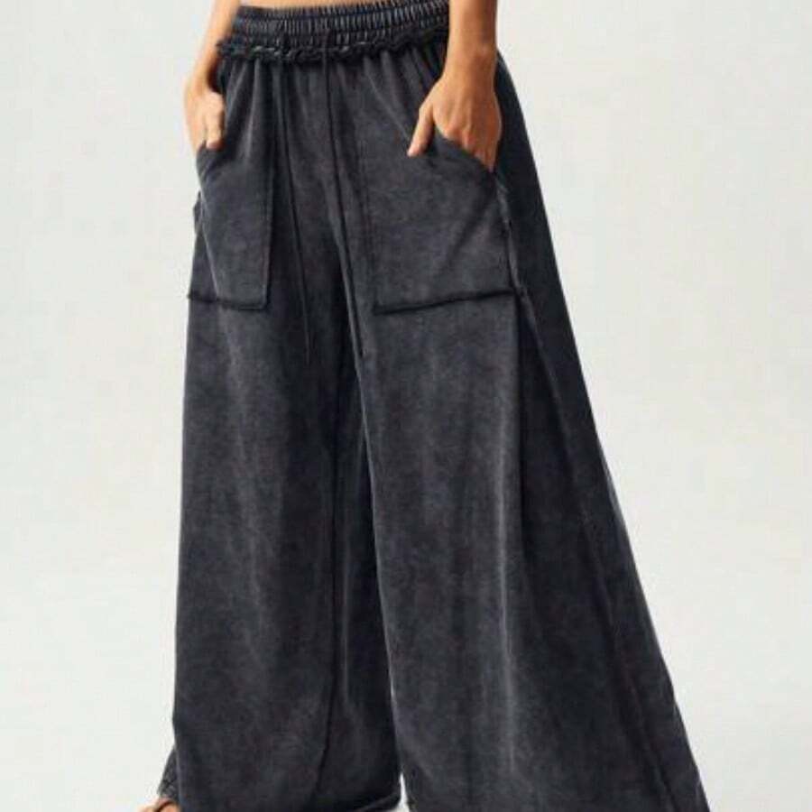 BohoFeels Women's Casual Knit Patchwork Loose Wide Leg Washed Pants - Negro - Ver 1
