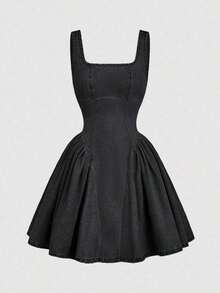MOD Vestido de mezclilla casual de verano para mujer con cuello cuadrado y mangas acanaladas sin mangas - Negro - Ver 5