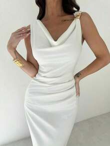 Vestido de mujer de cuello asimétrico blanco con volantes en la cintura, vestido elegante y sexy para ir al trabajo, de vacaciones, de moda y moderno, para primavera/verano, para ir al trabajo, elegante, sexy, de vacaciones, playa, Hawái, temporad - Blanco - Ver 7