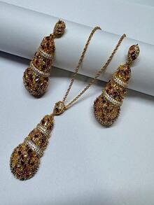 2pcs Necklace Set, Middle Eastern Rainbow Luxurious Jewelry, Zigzag Colorful Pendant Necklace, Asymmetrical Zirconia Micro-Copper Gold-Plated 5pcs Jewelry Set Necklace Earrings, Suitable For Daily Wear, Gifts For Girlfriend, Parties, Formal Dresses, Weddings - four piece set - View 3