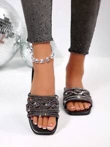 Giày sandal đế bằng mùa hè mới dành cho nữ, mũi tròn, đính đá thủy tinh, quai chéo, dây thun co giãn ở mắt cá chân, đế xuồng thoải mái, giày đi biển thường ngày đa năng. - màu đen - Xem 6