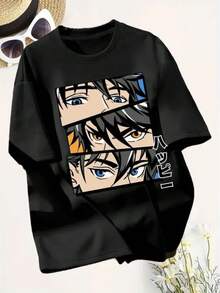 Y2K T-Shirt, 2000s Retro Tee, 90s Vintage Print Tee, Women's Tee | Anime Design Print | Crew Neck | Breathable And Machine Washable | Versatile Casual Top Suitable For All Seasons | Black Background With Colorful Eye Illustrations | Perfect For Everyday Wear - 黑色 - 查看 5