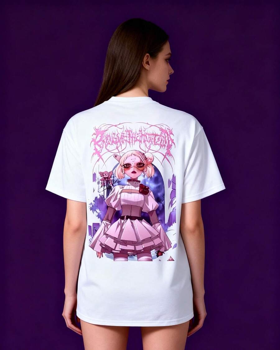 Camiseta Blanca Unisex Algodón Suave Muñeca Gótica Rosa Pentagrama Corazón Estampado Doble Cara Metal Punk - Blanco - Ver 1