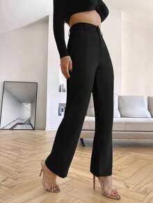 Pantalones de pierna recta unicolores - Negro - Ver 4