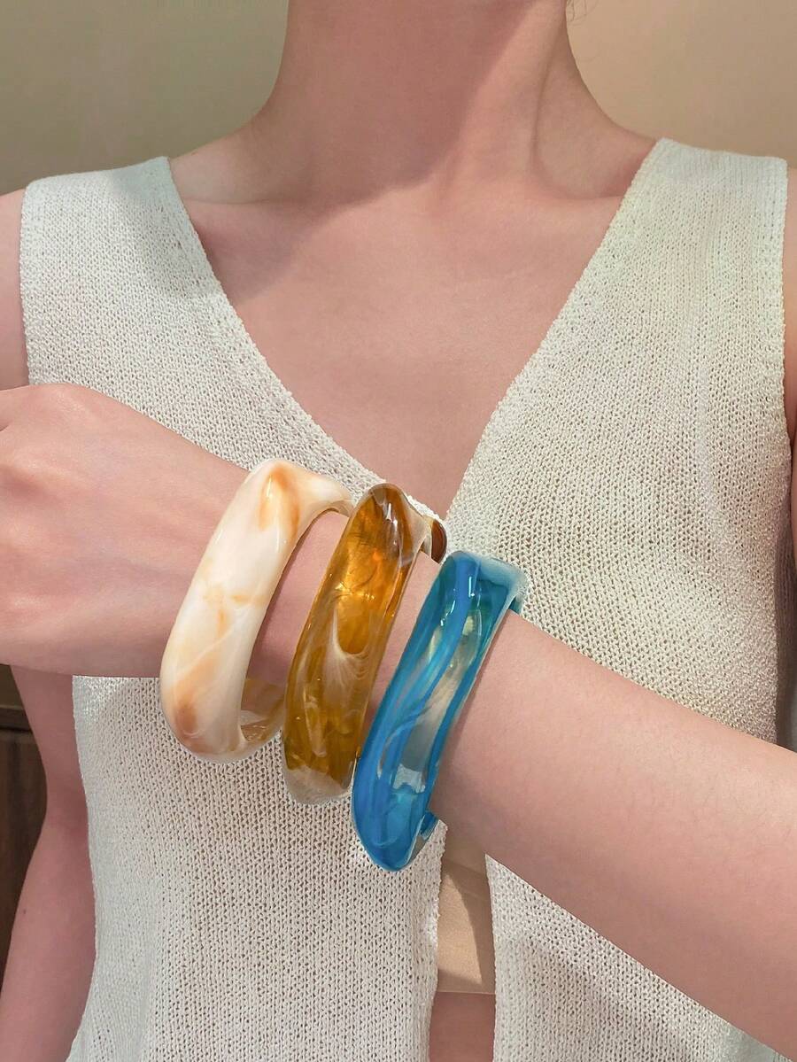 3pcs Luxury Colorful Jewelry Set For Women, Exaggerated Geometric Line Design Thick Bangle, Suitable For All Seasons, Daily Life And Social Events, Vacation - Multicolor - View 1