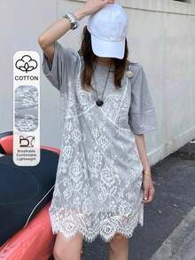 Vestido de verano de mujer de 2 en 1 con parches de encaje sin mangas y de manga corta - Gris - Ver 8