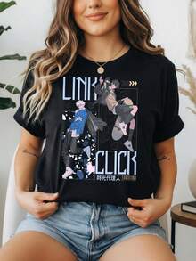 1 Piece 180g Women's Cotton Shirt, Oversized Short Sleeve Round Neck With Print For Daily And Street Wear, Designed By Y2K Artists In The Bababask Style - 黑色10 - 查看 6