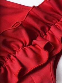 AIJ Vestido elegante de corte asimétrico con hombro descubierto, diseño fruncido y volantes, sin mangas, para mujer, unicolor, para fiestas, citas, fiestas de solteros, cenas formales o eventos de gala en otoño e invierno 2024 - Rojo - Ver 7